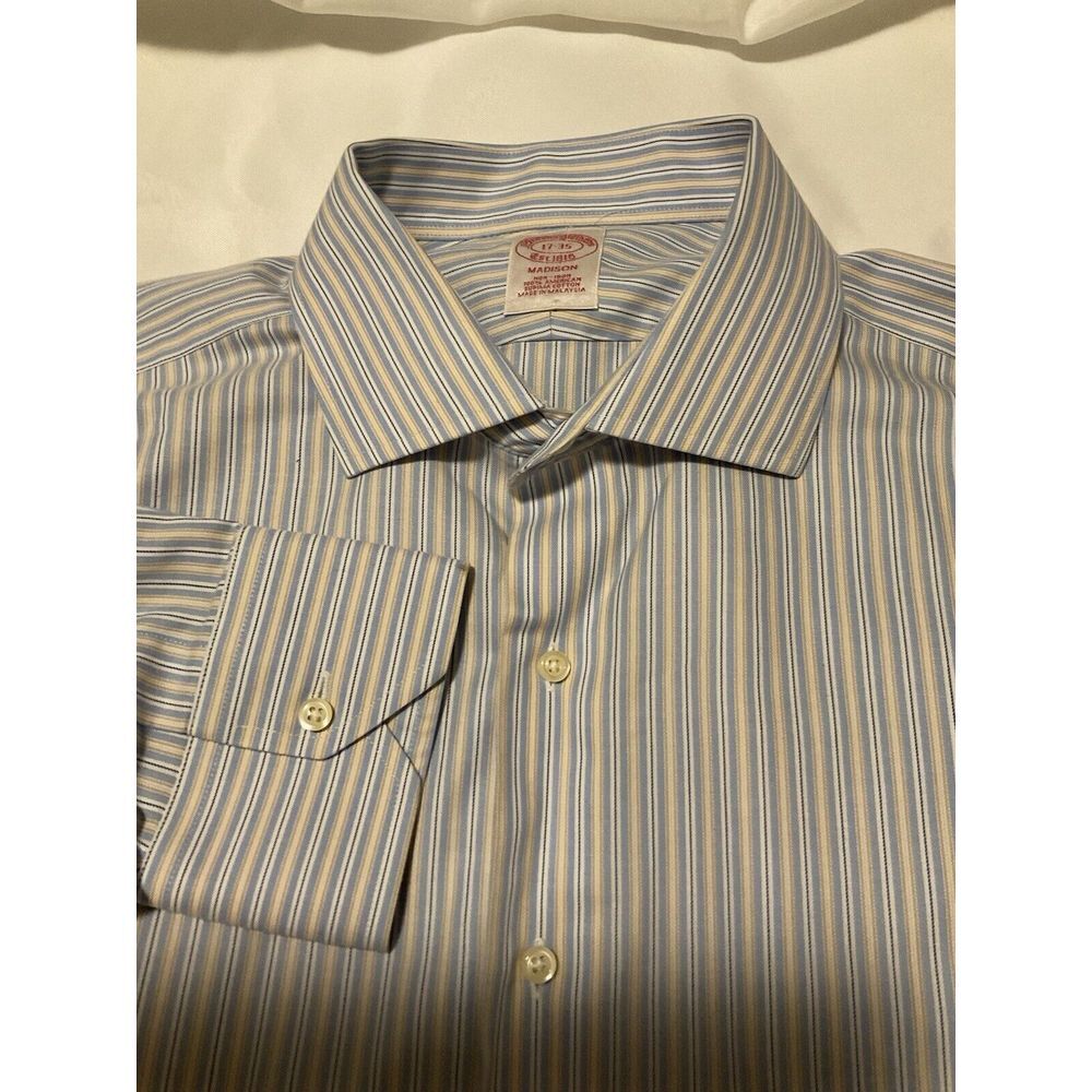 Brooks‎ Brothers Madison Shirt Men 17-35 Lt Blue Striped Button Up Long Sleeve